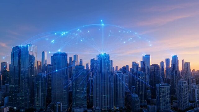 Smart City Skyline with Digital Network Connections at Sunset