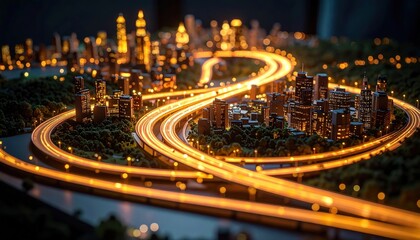 Fototapeta premium Illuminated Cityscape with Traffic Trail at Night in Miniature Model