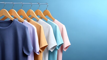 Obraz premium Pastel T-Shirts on Wooden Hangers with Blue Background