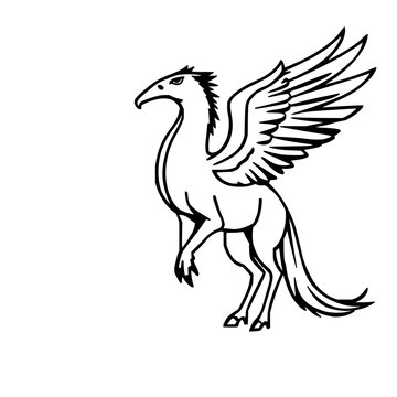 Silhouette of a mythological Hippogriff standing upright, half eagle half horse, detailed sharp wings, black form on white background
