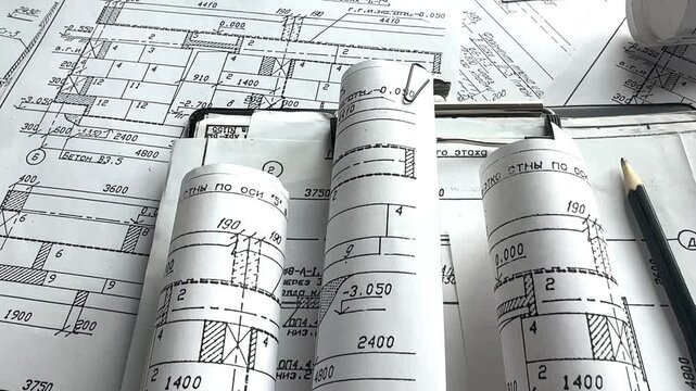 Architecture blueprints with rolled plans, compass and clipboard on desk, construction documentation and engineering design workflow, BIM planning and project management concept, copy space.