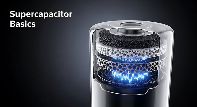 Detailed view of a supercapacitor device with transparent casing and layered internal structure