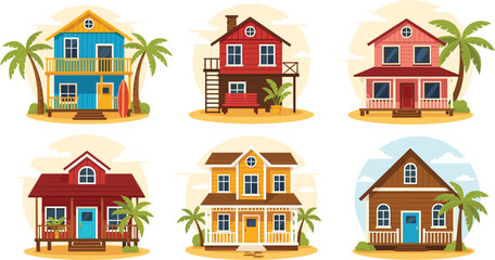 Tropical beach houses with palm trees colorful vector illustration collection