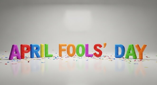 Colorful April Fools' Day celebration with confetti and playful letters
