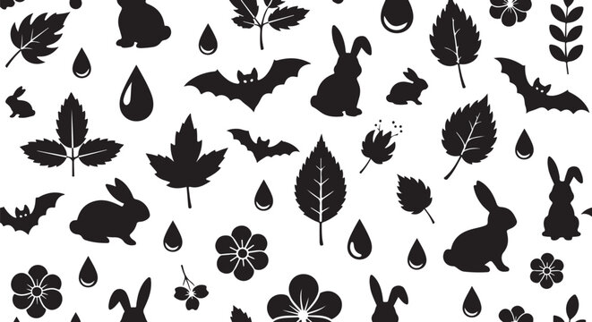 Autumn leaves and rabbits in black silhouette pattern design