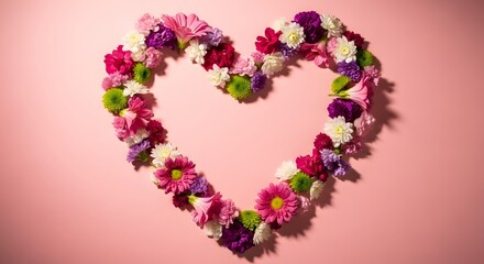 Heart shaped floral arrangement on pink background