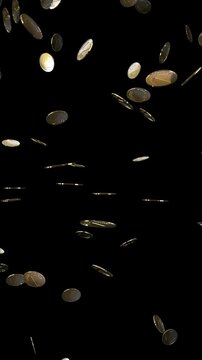 Rain of Golden Coins Falling Down - Isolated on Black Background - 3d 4k Vertical Animation (2160 x 3840px)