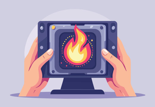 computer chip programma con mani monitor che rotto o da sistemare o rubare in fiamme , vettoriale 
