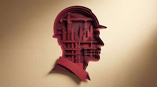 Conceptual layered illustration depicting an architect's innovative mind, filled with intricate construction and urban designs within a hard hat silhouette