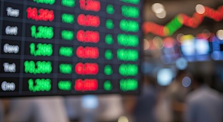 Fototapeta premium Blurred Stock Market Display Showing Fluctuating Numbers and Financial Data.