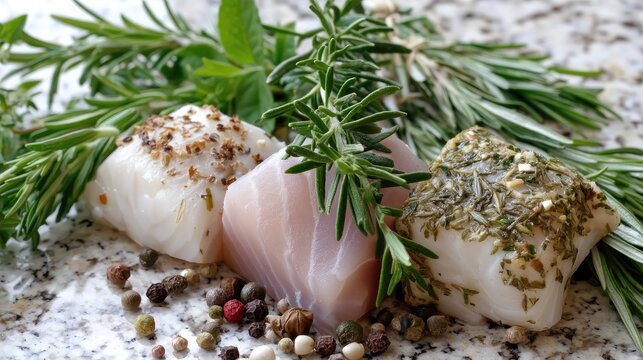 Raw fish fillet with herbs and spices on granite background in a kitchen setting for cooking preparation contest