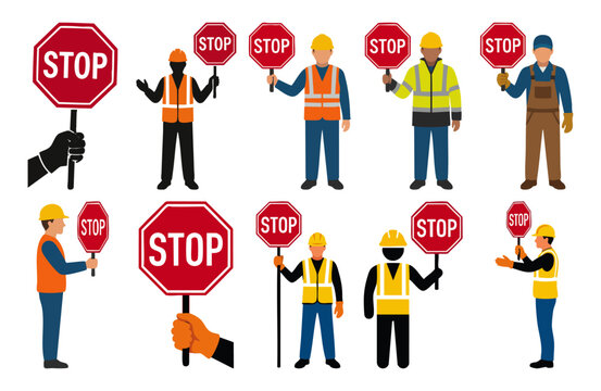 STOP SIGN - Octagonal red sign held by a construction flagger  Flat Vector Illustration on Transparent Background