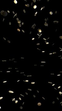 Golden Coins Falling Down Like Rain - Isolated on Black Background - 3d 4k Vertical Animation (2160 x 3840px)