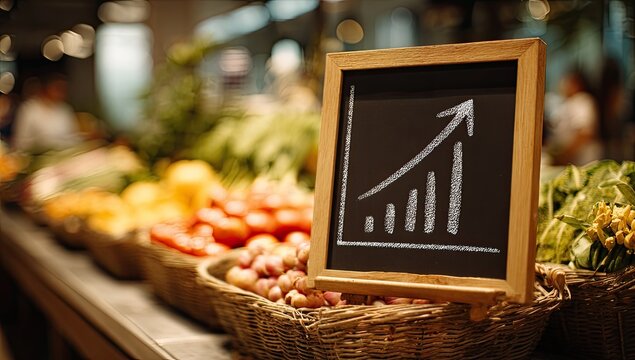 Chalkboard graph showing upward trend at a fresh produce market stall
