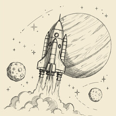Obraz premium Space rocket launch from alien spaceport, science fiction poster. Vector illustration stylized as a pencil drawing. EPS version.
