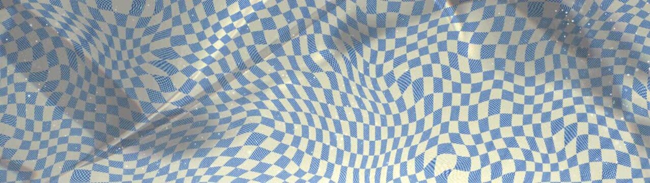 Wavy blue and cream checkered fabric pattern background with soft glitter.