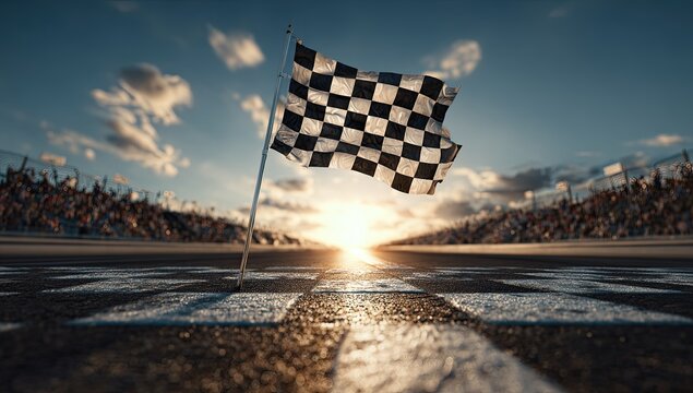 Racing finish line with checkered flag, stadium crowd, and sunset sky