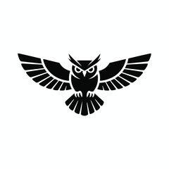 Fototapeta premium Black and white illustration of an owl flying with outstretched wings in a circular logo design