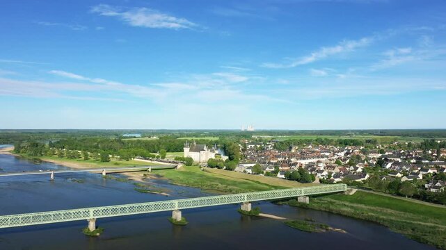 Scenic aerial shot of Sully sur Loire with its historic castle, picturesque village, and the Loire River under a clear blue sky.