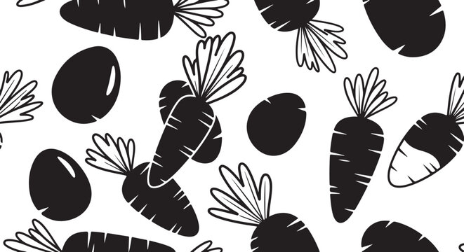 Black and white vegetable pattern with carrots and potatoes