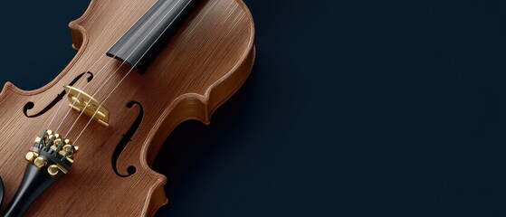 Fototapeta premium Close-up of a violin on a dark blue background with space for text. This image shows the detail of the instrument and represents classical music and culture