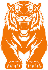 Fototapeta premium Fierce orange tiger with open mouth and sharp teeth