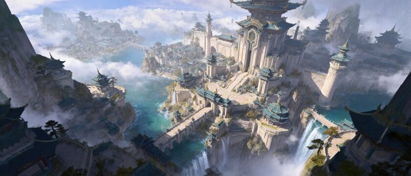 Epic fantasy Asian inspired palace city with towering pagodas bridges and waterfalls above misty river canyon, idea for mythical kingdom world building and cinematic adventure game concept