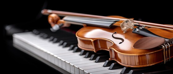 Fototapeta premium Elegant violin and fiddle bow on electronic piano keyboard with black background providing space for text and showcasing musical elements