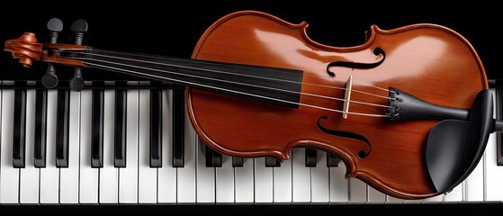 Fototapeta premium Vibrant display of piano keys and violin arranged on a dark background revealing detailed craftsmanship and design