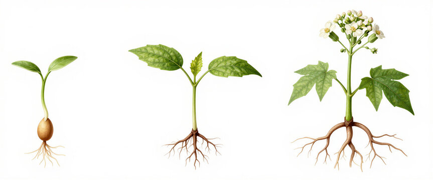 Detailed botanical illustration showcasing the entire plant growth from seedling to flowering plant for a life cycle concept and natural evolution
