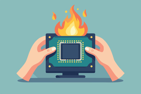 computer chip programma con mani monitor che rotto o da sistemare o rubare in fiamme , vettoriale 