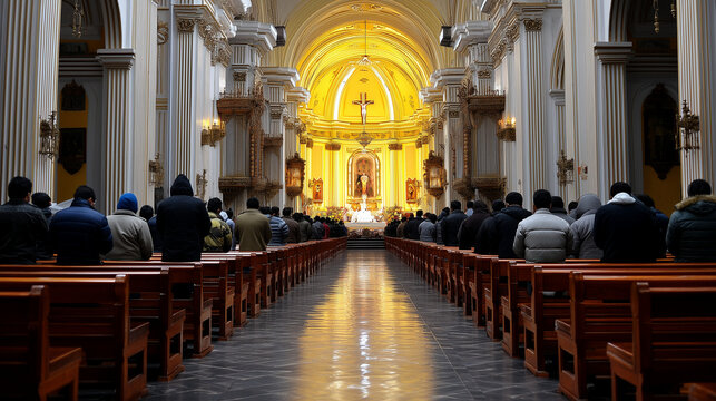Saint Rose of Lima Festival, Wide view of cathedral interior with congregation attending Saint Rose of Lima Festival mass highlighting architecture symmetry and spiritual atmosphere of religious celeb