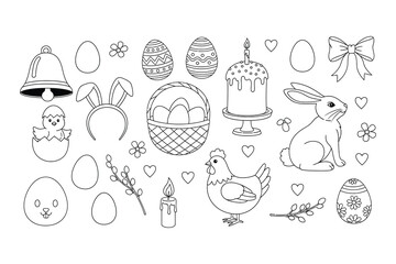 Fototapeta premium Easter Outline Icon Set with Bunny, Eggs, Basket, Chick and Spring Decorations. Hand Drawn Line Art Vector Collection