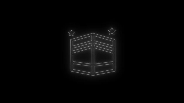 Neon glowing Kaaba Shafir symbol with star icon animation. Gray outline ramadan concept and islamic holiday celebration isolated on black background. 4k