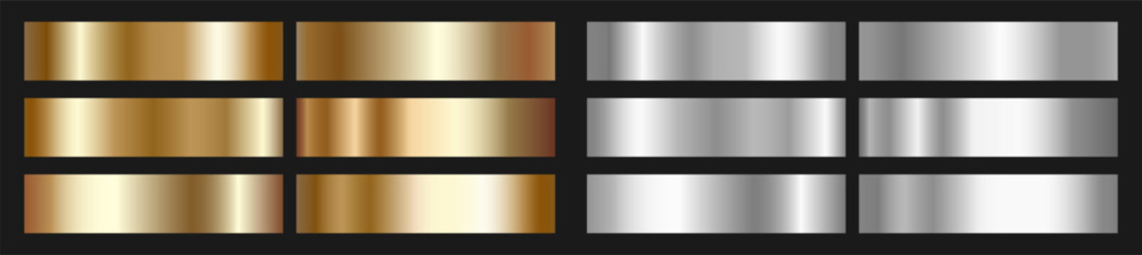 An elegant collection with gold and silver gradients.A sample of shiny, modern foil palettes with a glossy metallic sheen. Abstract vector metallic templates for modern frames, backgrounds and layouts