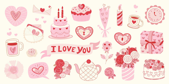 A collection of cute pastel colored valentine s day themed illustrations