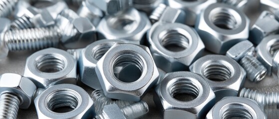 Obraz premium Close-up view of various steel nuts and bolts on a flat surface offering space for text and design elements