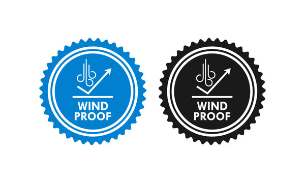 Professional blue and black windproof logo vector. Modern circular icon featuring air flow and protection symbols, ideal for sports gear, winter clothing, and industrial textile labels.
