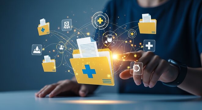 Person interacting with digital medical record folders and healthcare data network interface