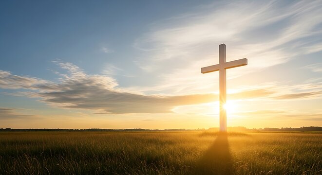 White cross standing in tall grass at sunrise with blue sky and clouds