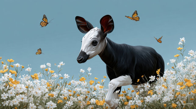 Okapi, Okapi dancing joyfully among butterflies in a flat illustration style.