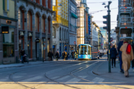 Oslo, Norway - November 20, 2025: Modern Blue CAF City Tram Navigating Prinsens Street in Downtown