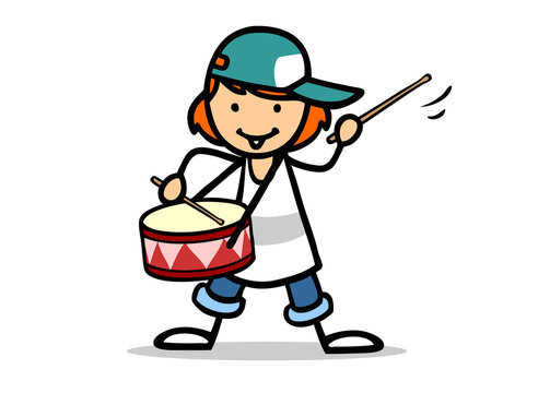 Cartoon Kind lernt Trommel spielen in Musikschule