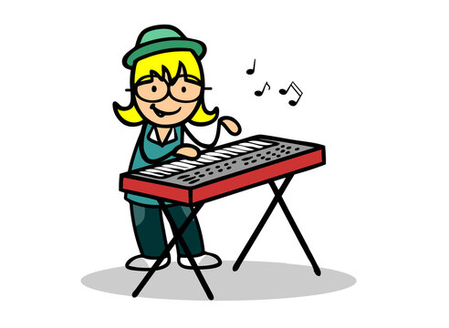 Cartoon Kind spielt als Keyboarder auf einem Keyboard