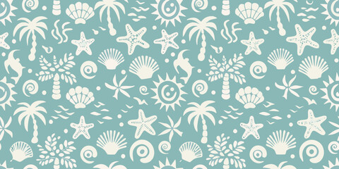Pale blue seamless pattern with stylized marine life and suns © Ripan
