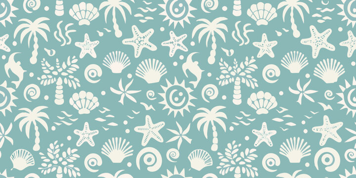 Pale blue seamless pattern with stylized marine life and suns