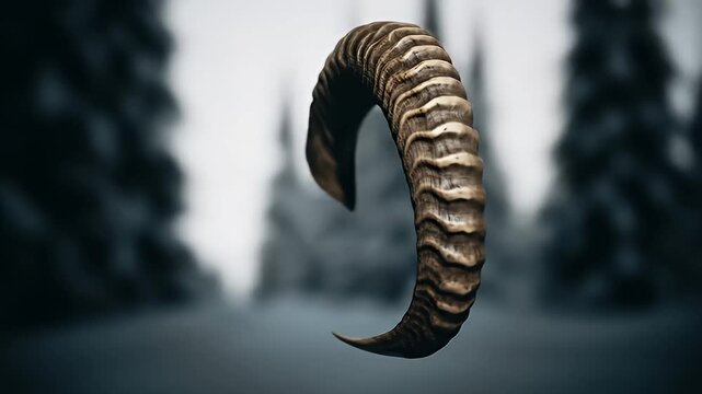 A close-up shot of a rams horn, showcasing its intricate texture and natural curve, set against a blurred, dark forest background.