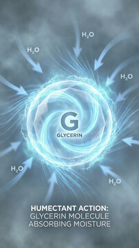 Glycerin molecule shows humectant action by absorbing moisture illustrated in swirling motion. Scientific style setting with clarity on molecule behavior. Concept of chemistry, beauty care, skincare