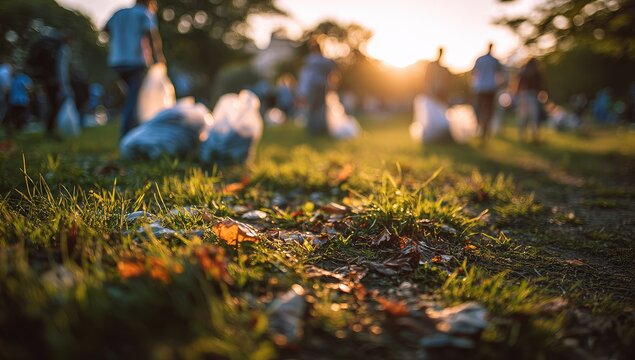 Golden sunset illuminates a park clean-up with people collecting litter