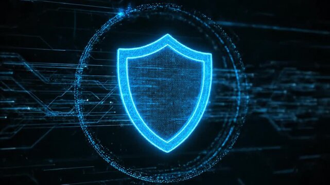 A glowing blue shield icon centered within a circular neon border surrounded by complex digital circuitry and futuristic technology